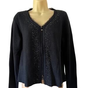 Martin & Osa Dark Navy Blue Beaded Zip Front Cardigan Sweater